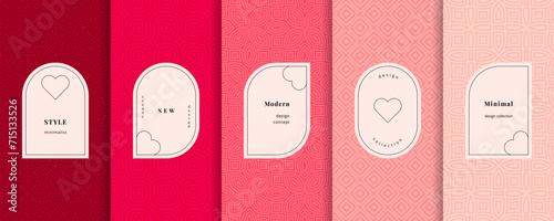 Elegant vector geometric seamless patterns collection. Set of bright colorful backgrounds with modern minimal labels. Love theme frames with hearts. Cute abstract textures. Trendy repeated geo design