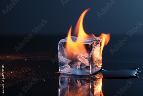 an ice cube on fire, melting in the heat, as a visual representation of run away climate change 