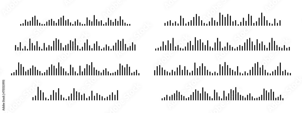 Set of sound wave forms. Voicemail, audio message, record signs. Podcast, radio, music player equalizer, song track, pulse spectrum pictograms isolated on white background. Vector graphic illustration - obrazy, fototapety, plakaty 