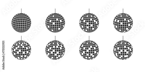 Set of mirror discoballs with black and white pixel textures. Vintage mirrorballs in 70s 80s 90s discotheque style. Glowing night club spheres. Dance music party glitterballs