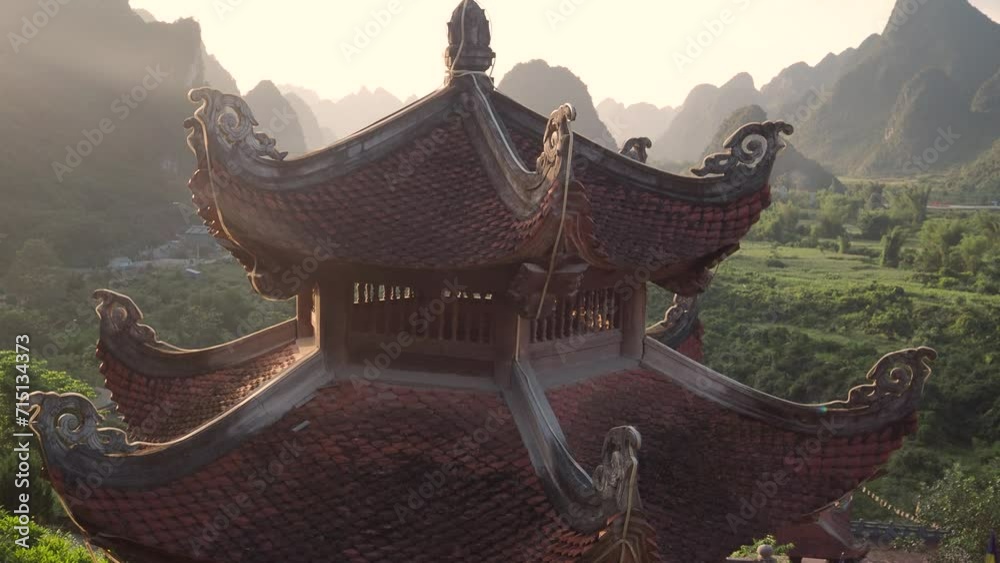 Pagoda Phat Tich Truc Lam Ban Gioc during a sunset in Vietnam.