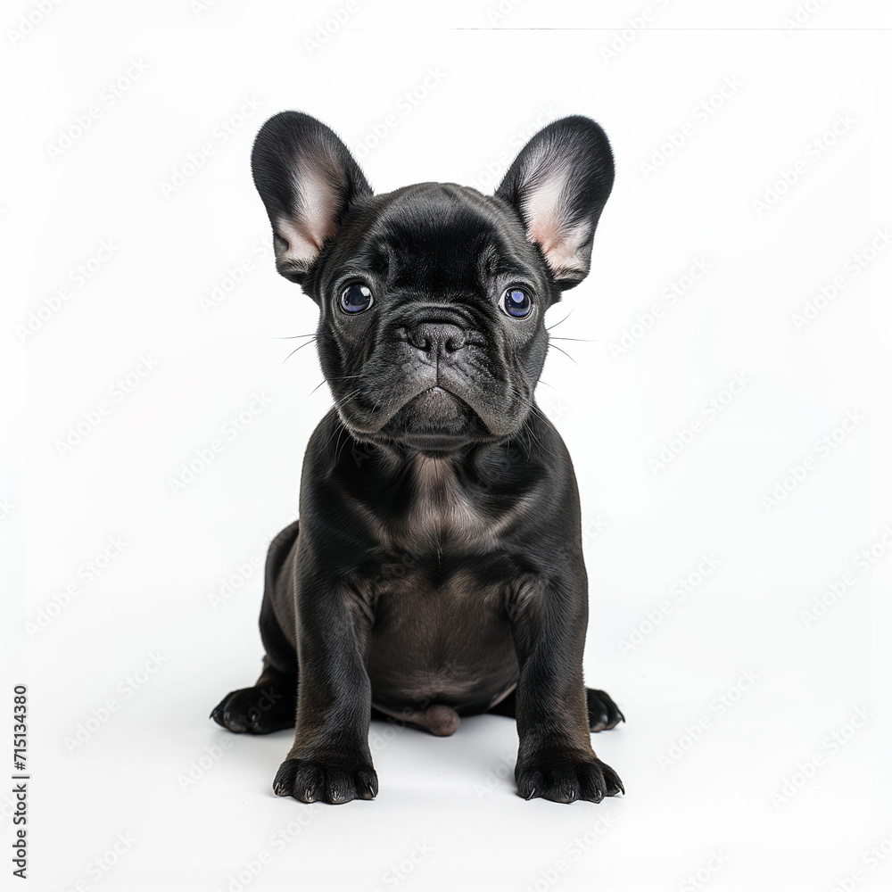 Black French Bulldog Puppy Full Body Straight On View White Background