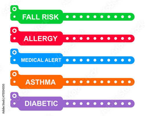 Medical alert bracelets. Fall risk, allergy, asthma, diabetic warning wristband mockups isolated on white background. Patient wrist bands for clinic or hospital. Vector flat illustration