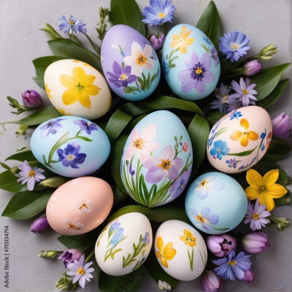 Easter, traditional family holiday, decoration with hand-painted eggs surrounded by spring flowers