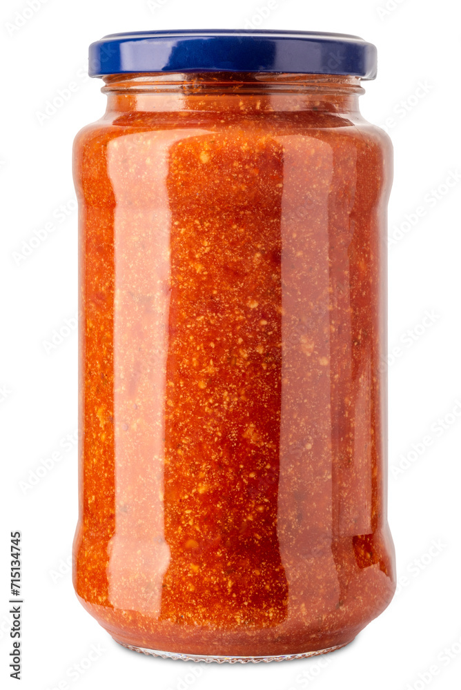 Ready-to-use tomato and ricotta cheese sauce in glass jar isolated Ready-to-use tomato and ricotta cheese sauce in glass jar isolated