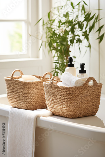 two seagrass baskets filled with bathroom necessities © dip