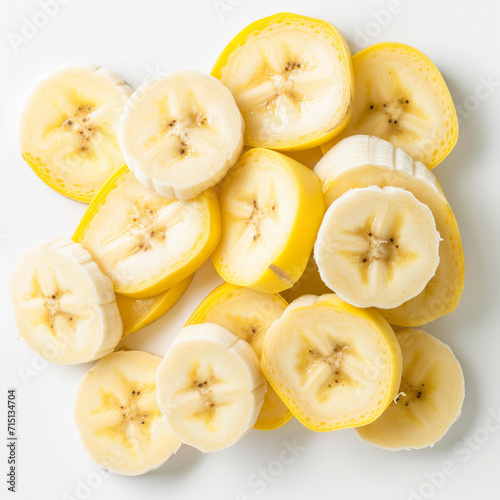 Slices of Banana top angle camera white background