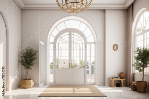 Interior home design of modern entrance hall with door and white house decorations and houseplants