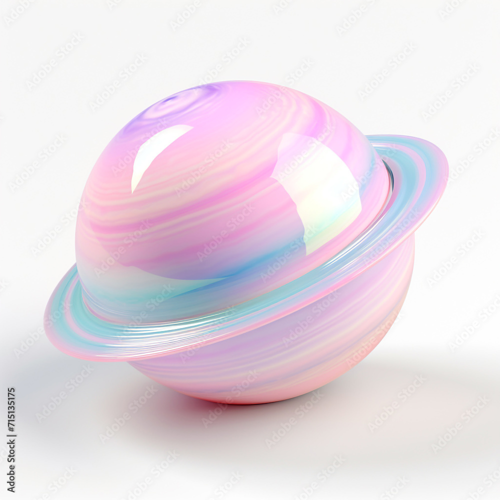 Obraz premium Planet Saturn, done in a cute way, colored in pastel tones, neutral background, with transparent glass around it. 3D rendering design illustration.