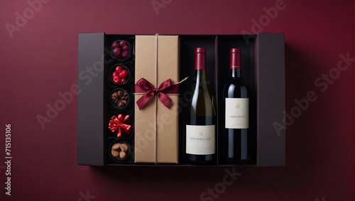 Top view of the gift box for Valentine's Day against a dark red background