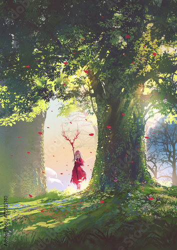 A woman in red holding a horned spear standing next to a large tree, digital art style, illustration painting 