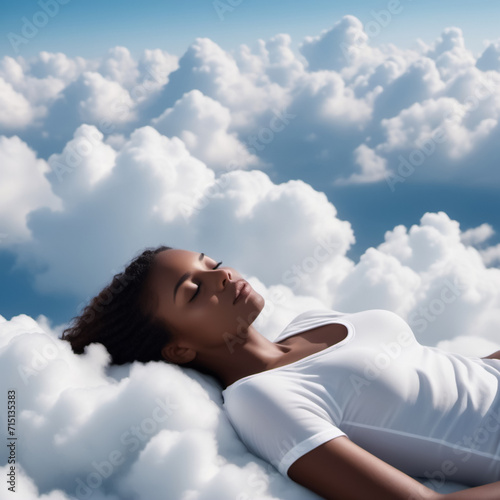 A Woman In A White Top Sleeps On Soft Comfortable Clouds, Illustration