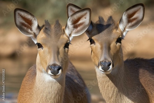 Close-up of two female waterbucks standing together. Generative AI photo