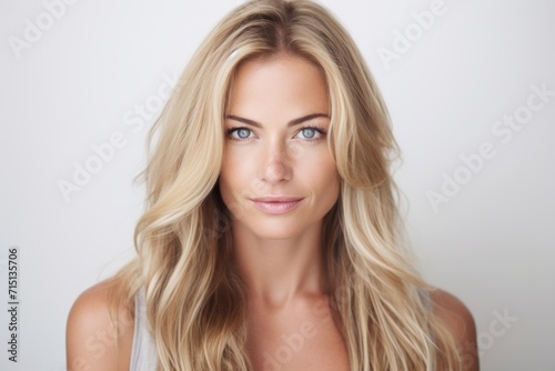 Portrait of a beautiful young woman with long blond hair, studio shot.