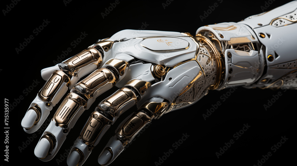 Naklejka premium Cyborg hand finger pointing, technology of artificial intelligence. 