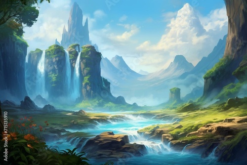 Illustration of a fantasy landscape with a path leading to a turquoise waterfall and distant mountains, serving as a concept art for game design. Generative AI photo
