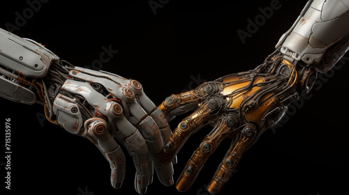 Robot hands making contact on dark background. Cyborg hand finger pointing, technology of artificial intelligence.  © Cristina