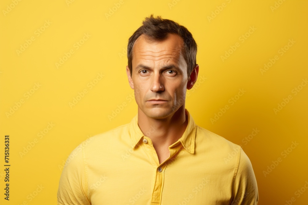 Portrait of a confused mature man looking at camera over yellow background Portrait of a confused mature man looking at camera over yellow background