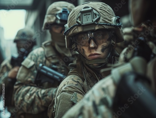 Young soldier in camouflage heading into battle, ballistic helmet, ballistic glasses photo