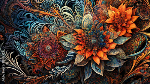 Floral design. Intricate patterns. Swirling shapes. Hand-drawn quality. Rich texture. Fantasy creativity. Artistic expression. Colorful illustration. Mesmerizing visual art © Oleg Kyslyi