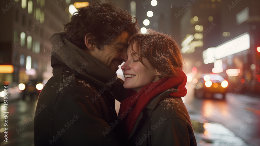 A man and a woman stand showing feelings for each other in the center of a large night city with evening illumination. Love story A man and a woman stand showing feelings for each other in the center of a large night city with evening illumination. Love story