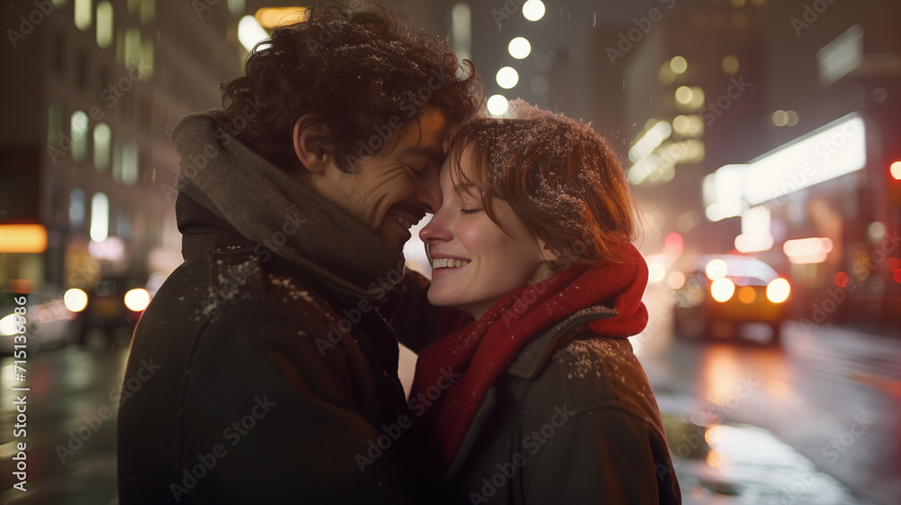 A man and a woman stand showing feelings for each other in the center of a large night city with evening illumination. Love story