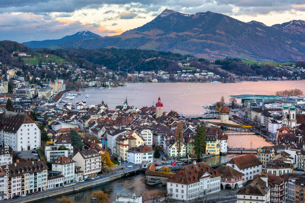 Lucerne city on Lake Lucerne in the swiss Alps mountains, Switzerland