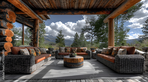 Outdoor recreation space - outdoor furniture - log cabin - decor and design - rustic style - entertainment space 