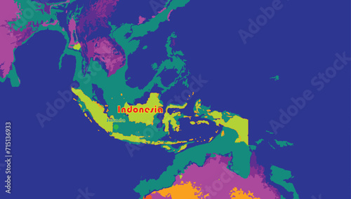  Indonesia map and its capital city Jakarta on the world background. This South East Asian country is famous for its active volcanoes, muslim religion and over 600 ethnic groups. 