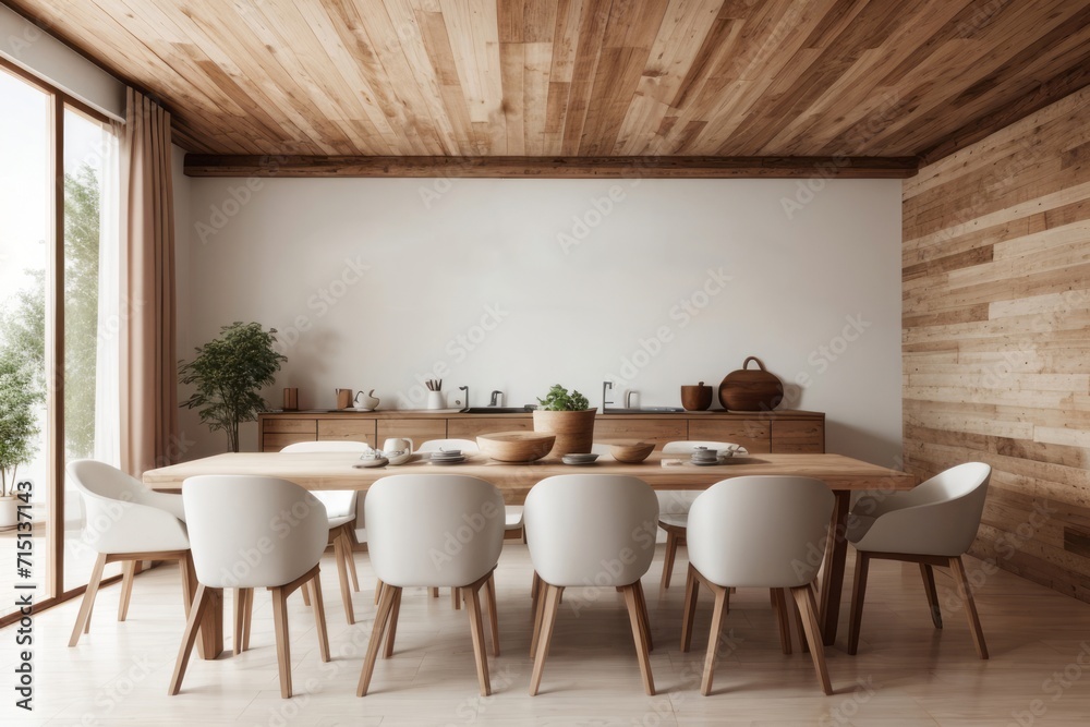 Interior home design of modern dining room with chairs and wooden dining table with rustic furniture Interior home design of modern dining room with chairs and wooden dining table with rustic furniture