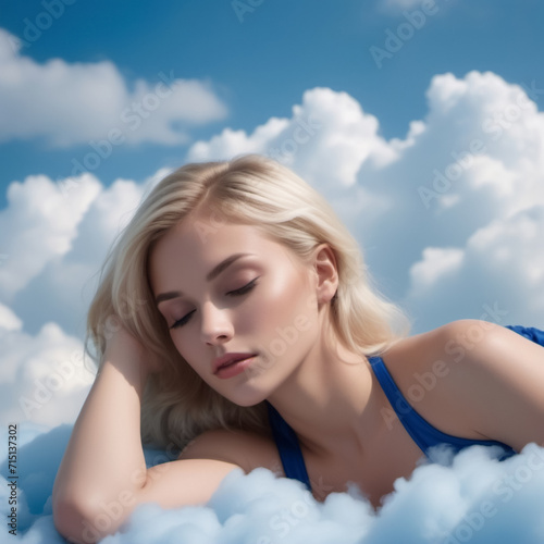 A Blonde Woman In A Blue Top Sleeps On Soft Comfortable Clouds, Illustration