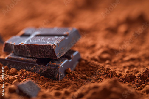 A piece of dark chocolate on cocoa powder.