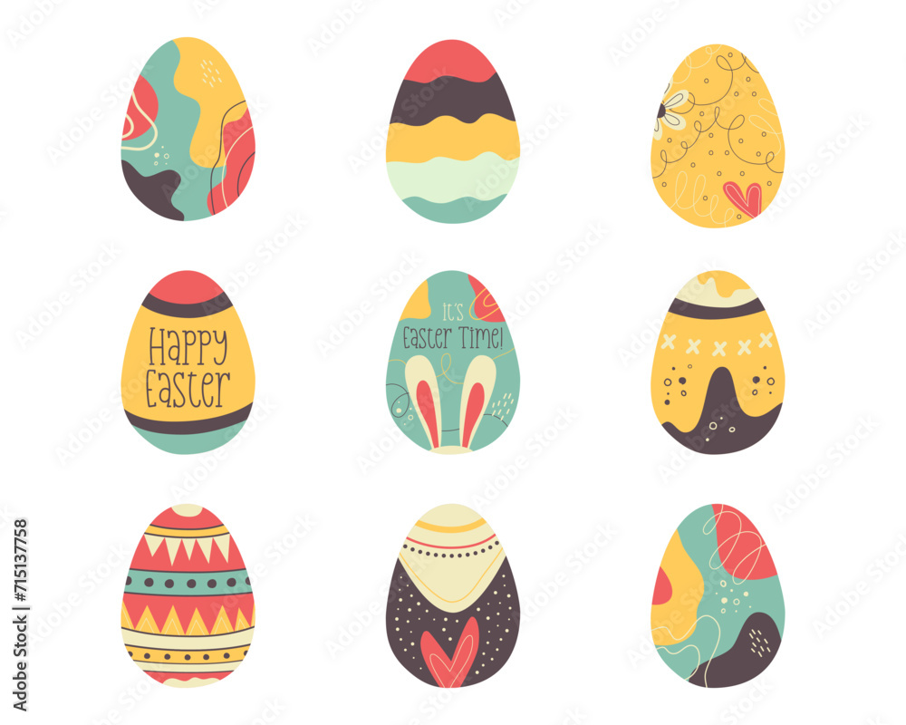 9 Easter egg collection designs. Easter holiday eggs hunt in colorful flat style with rabbit ears. Art deco decor. Stock vector illustrations clipart
