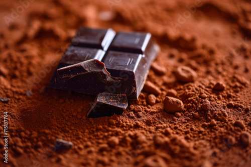 A piece of dark chocolate on cocoa powder.
