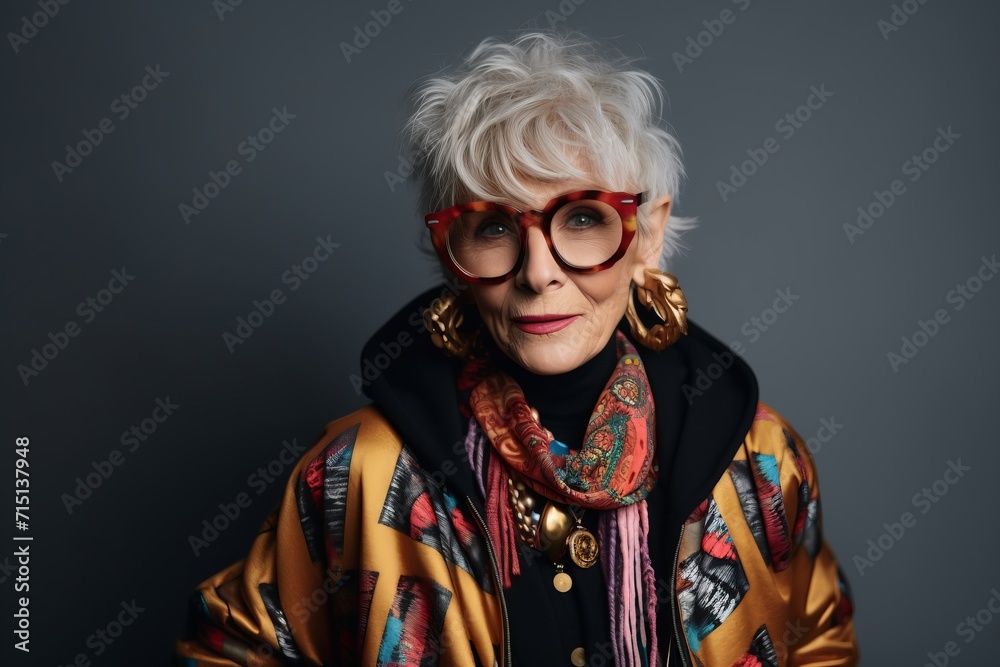 Portrait of a beautiful senior woman in eyeglasses posing over grey background.