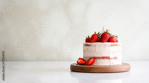 Delicious Layered Fresh Strawberry Cake, Torte Dessert with Fresh Berries, Flowers, Vanilla Butter Cream On Wood Plate. Marble Background. Natural Lighting. Minimalist Photo. Minimal Modern Interior. 