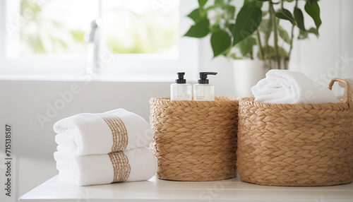 two seagrass baskets filled with bathroom necessities photo