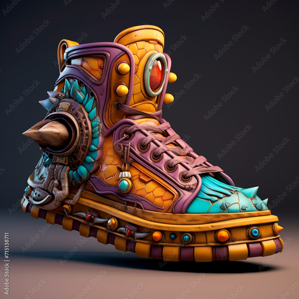 Stylish boot, extremely colorful, apparent reliefs, fashionable, with spikes that create a daring look. 3D rendering design illustration.