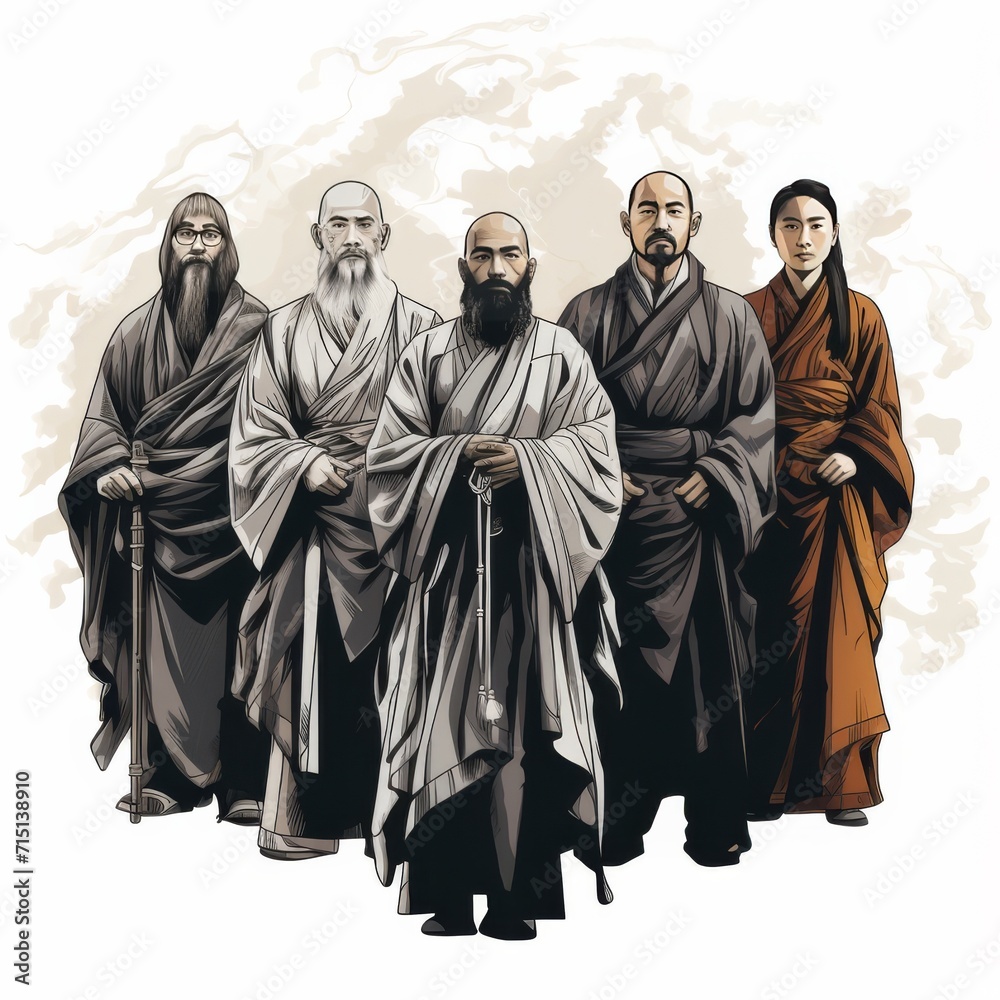 Group of Ancient Philosophers in Traditional Robes Group of Ancient Philosophers in Traditional Robes