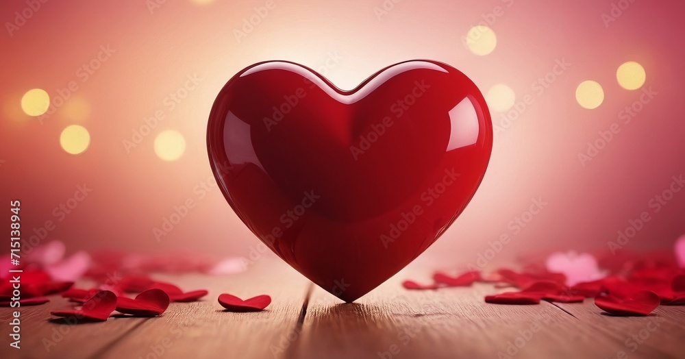 A large 3D red heart against a background of roses and blurred bokeh. For design, print, cards - Valentine's Day, Mother's Day or wedding and Birthday. with copy space