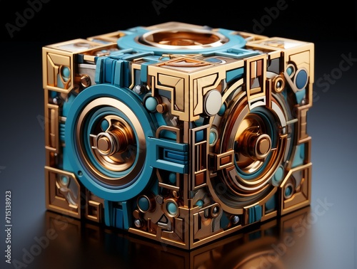 Intricate Golden Mechanical Cube on Dark Background