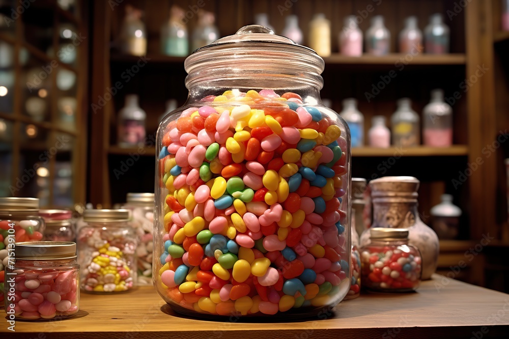 Glass Jar in a candy shop full of colorful small wrapped candies, Candy day , generative Ai Glass Jar in a candy shop full of colorful small wrapped candies, Candy day , generative Ai