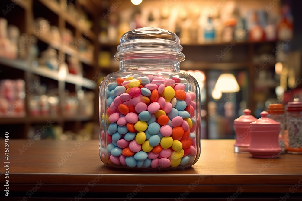 Glass Jar in a candy shop full of colorful small wrapped candies, Candy day , generative Ai Glass Jar in a candy shop full of colorful small wrapped candies, Candy day , generative Ai