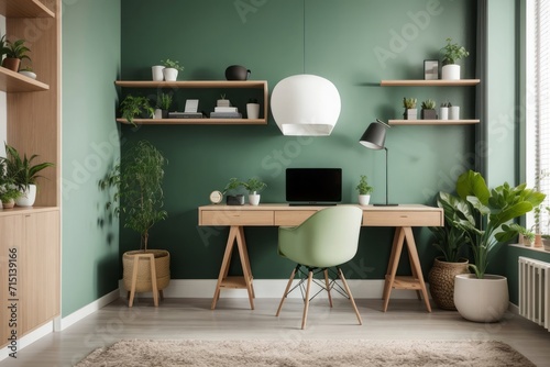 Scandinavian interior home office design of modern workplace with wooden table and office chairs with decorative shelves on the green wall next to the window