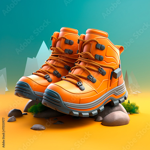 Trekkin shoes, mountaineering shoes, mountain nature shoes, in brown, terracotta, on a rock. 3D rendering design illustration. photo