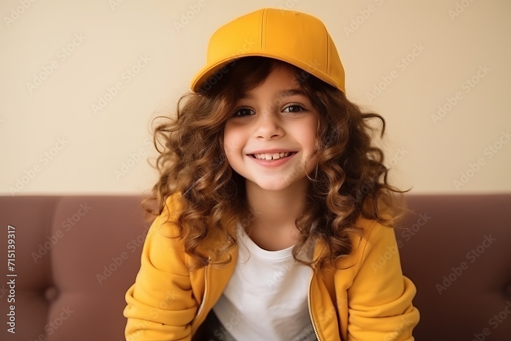 Portrait of a cute little girl with curly hair wearing a yellow cap Portrait of a cute little girl with curly hair wearing a yellow cap