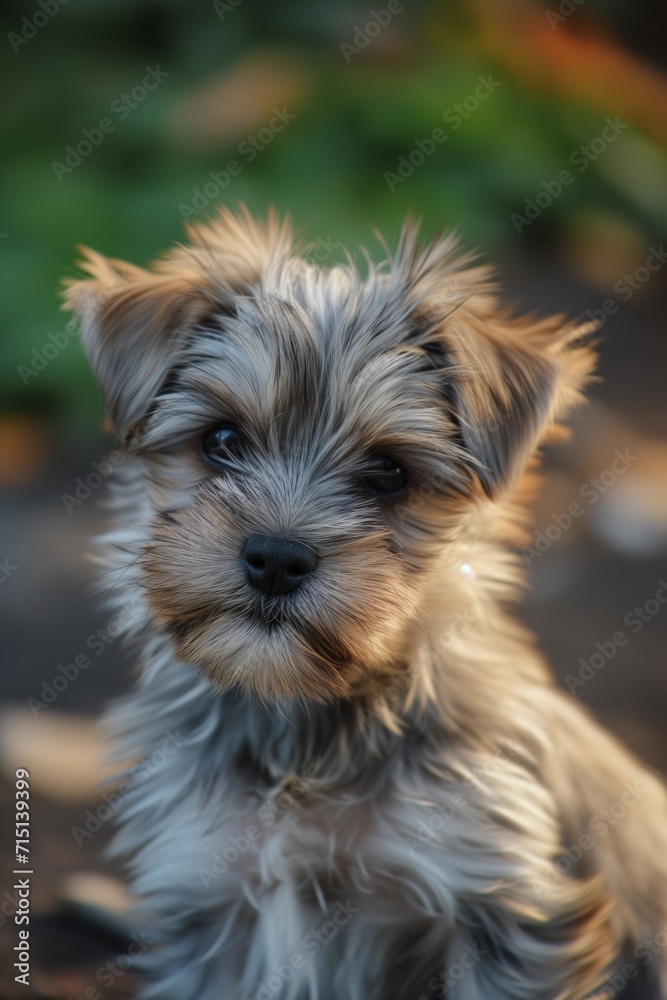 A Yorkshire Terrier puppy outdoors with a thoughtful gaze. Yorkshire Terrier Puppy Gazing Softly