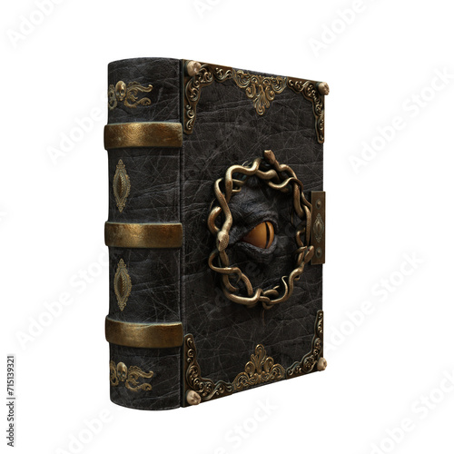Ancient wizard grimoire magic book with gold metalic snake and yellow eye on the cover. 3D rendering isolated on transparent background.