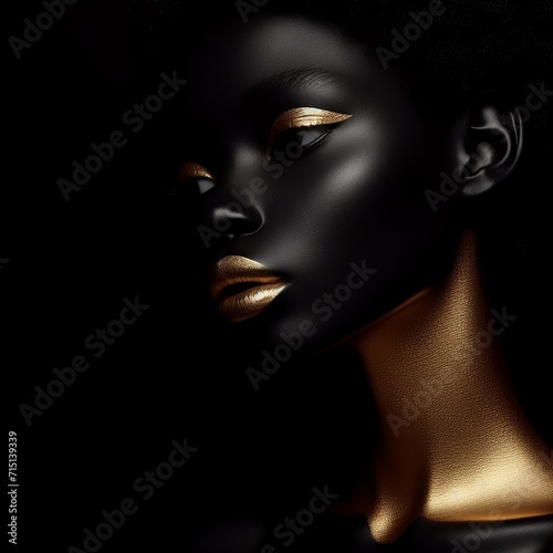 Black female face with gold makeup on black background. 