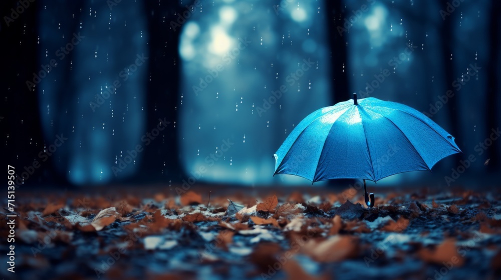 Blue umbrella in the autumn forest. Neural network AI generated art